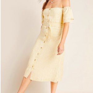 Anthro First Monday Off Shoulder Linen Yellow White Stripe Button Midi Dress XSP